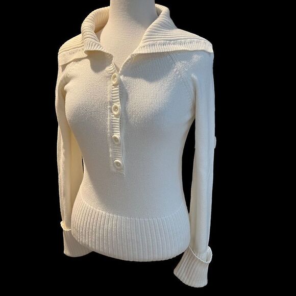 LOFT White Cable Knit Long Sleeve Large Collar Sweater size M - Picture 2 of 12